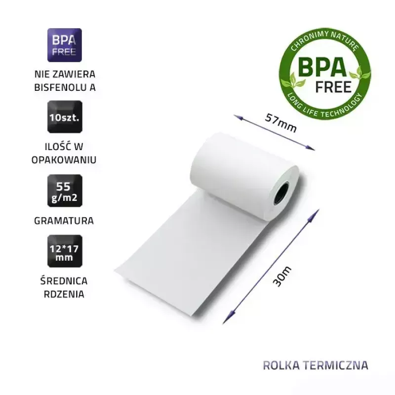 Termorull kviitungitele QOLTEC 57 x 30 mm 55 g/m² BPA-vaba, südamik 17 mm, 10 tk