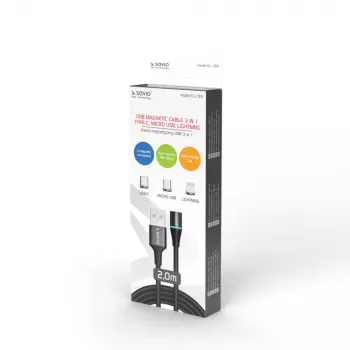 USB 2.0 kaabel SAVIO CL-155, USB A vahetatavale USB-C / Micro-USB B / Lightning, 2 m, must