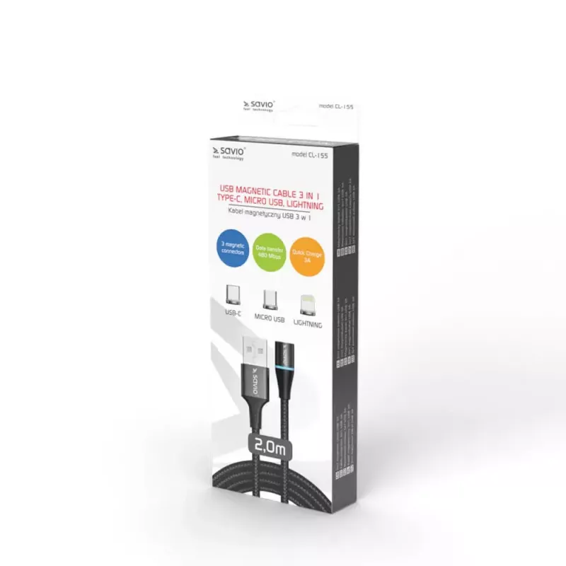 USB 2.0 kaabel SAVIO CL-155, USB A vahetatavale USB-C / Micro-USB B / Lightning, 2 m, must