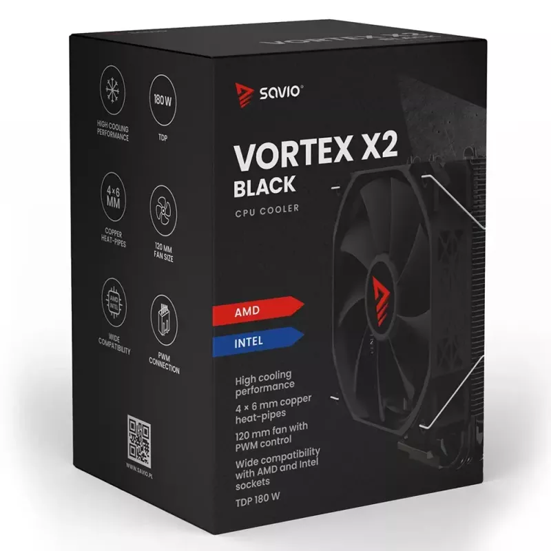 CPU õhkjahuti SAVIO Vortex X2 Must – 120 mm ventilaator, kõrgus 157 mm, PWM, LGA 2066 ühilduv
