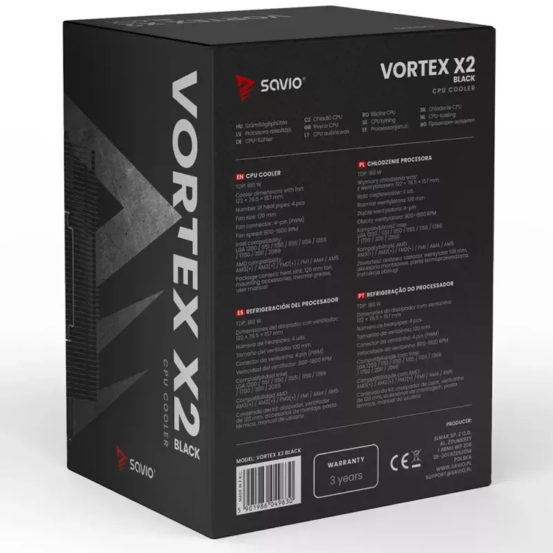 CPU õhkjahuti SAVIO Vortex X2 Must – 120 mm ventilaator, kõrgus 157 mm, PWM, LGA 2066 ühilduv