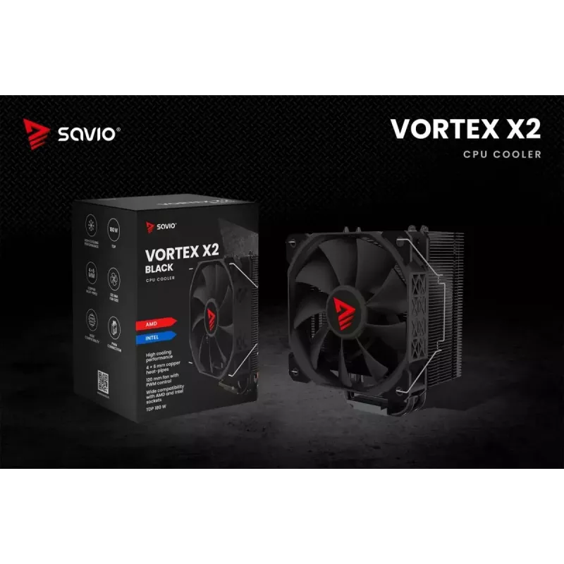 CPU õhkjahuti SAVIO Vortex X2 Must – 120 mm ventilaator, kõrgus 157 mm, PWM, LGA 2066 ühilduv