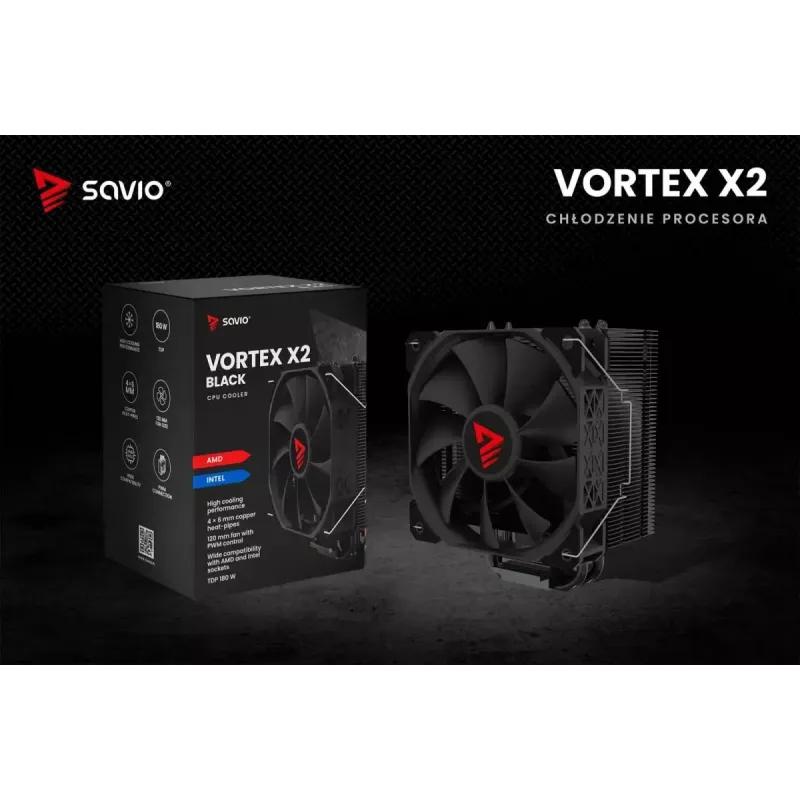 CPU õhkjahuti SAVIO Vortex X2 Must – 120 mm ventilaator, kõrgus 157 mm, PWM, LGA 2066 ühilduv