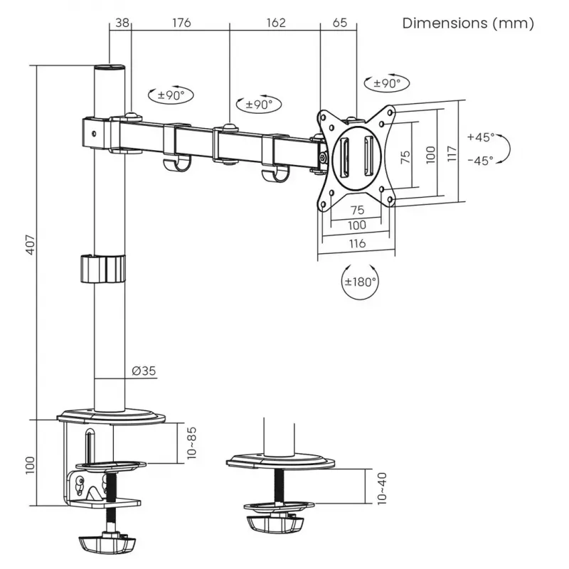 Lauamonitori kinnitus MACLEAN MC-753N 17–32-tollistele ekraanidele, VESA 75x75 / 100x100, max 9 kg, kalle ±45°, pöörlemine ±180°, kõrguse reguleerimine