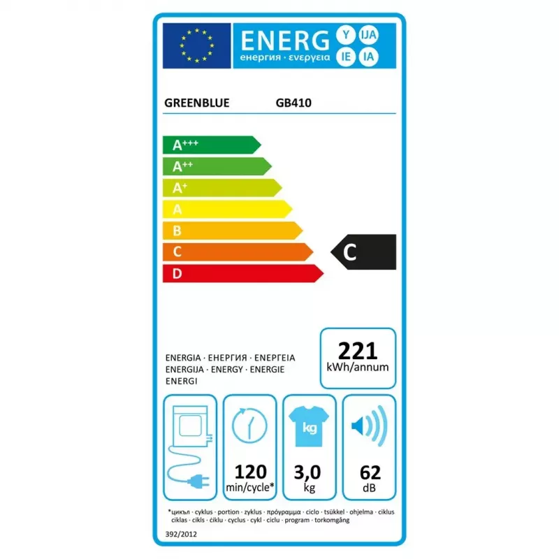 Elektriline trummelkuivati GreenBlue GB410 — 3 kg mahutavus, 830 W, õhu väljatõmbega, 5 kuivatusprogrammi, energiaklass C