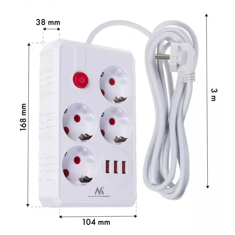 Pikendusjuhe MACLEAN MCE393 W — 4 pistikupesa + 3×USB, 110–240 V, 2,1 A USB, 2500 W, 3 m, valge
