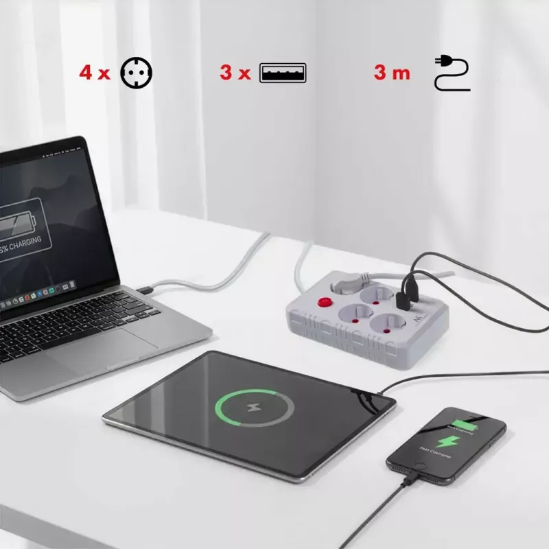 Pikendusjuhe MACLEAN MCE393 W — 4 pistikupesa + 3×USB, 110–240 V, 2,1 A USB, 2500 W, 3 m, valge