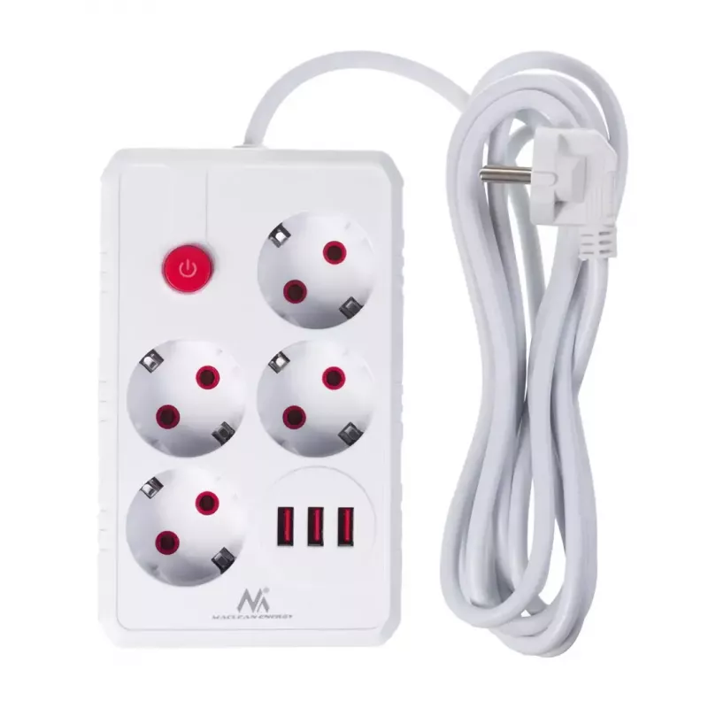 Pikendusjuhe MACLEAN MCE393 W — 4 pistikupesa + 3×USB, 110–240 V, 2,1 A USB, 2500 W, 3 m, valge