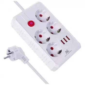 Pikendusjuhe MACLEAN MCE393 W — 4 pistikupesa + 3×USB, 110–240 V, 2,1 A USB, 2500 W, 3 m, valge
