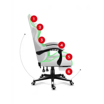 Mängutool Huzaro FORCE 4.7 RGB Valge — polsterdatud riidest koppiste, max koormus 140 kg, reguleeritav kõrgus 43–53 cm, kalle 90–140°