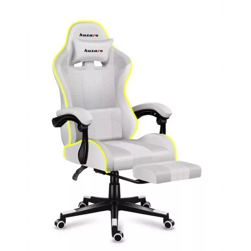 Mängutool Huzaro FORCE 4.7 RGB Valge — polsterdatud riidest koppiste, max koormus 140 kg, reguleeritav kõrgus 43–53 cm, kalle 90–140°
