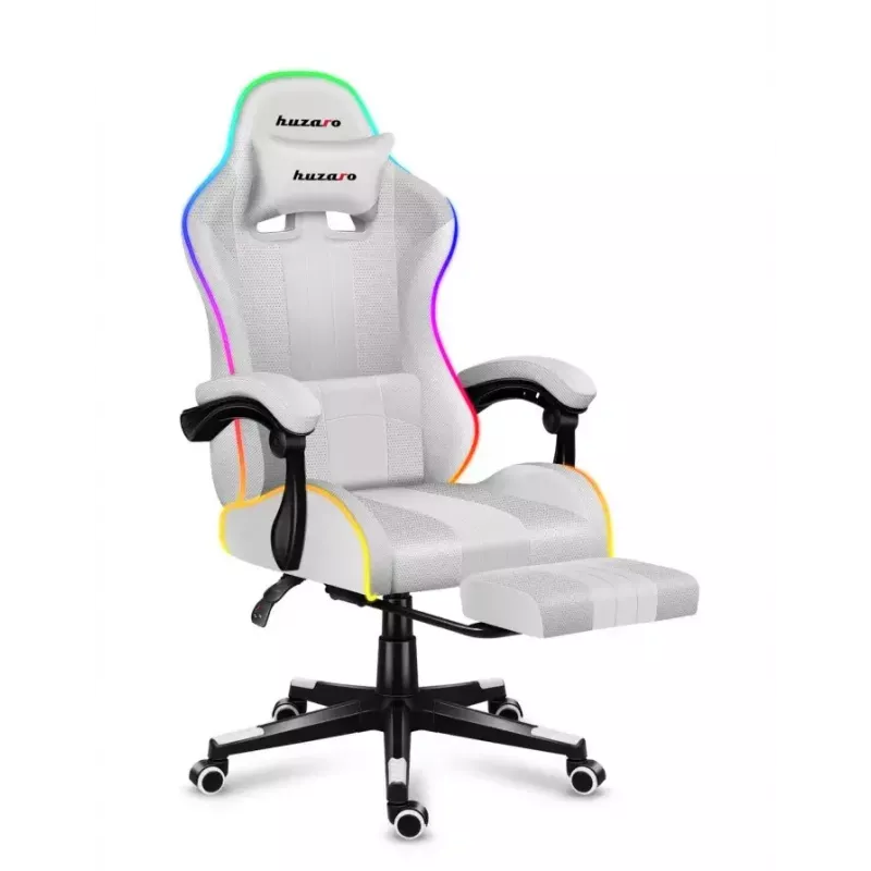 Mängutool Huzaro FORCE 4.7 RGB Valge — polsterdatud riidest koppiste, max koormus 140 kg, reguleeritav kõrgus 43–53 cm, kalle 90–140°