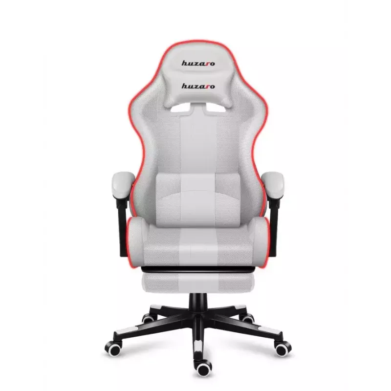 Mängutool Huzaro FORCE 4.7 RGB Valge — polsterdatud riidest koppiste, max koormus 140 kg, reguleeritav kõrgus 43–53 cm, kalle 90–140°