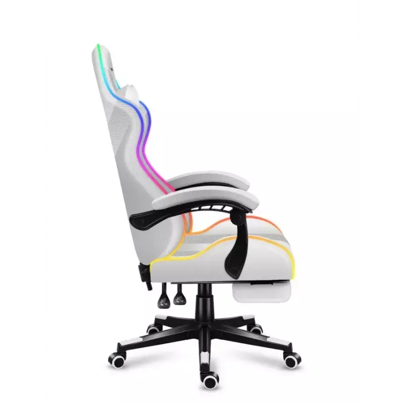 Mängutool Huzaro FORCE 4.7 RGB Valge — polsterdatud riidest koppiste, max koormus 140 kg, reguleeritav kõrgus 43–53 cm, kalle 90–140°