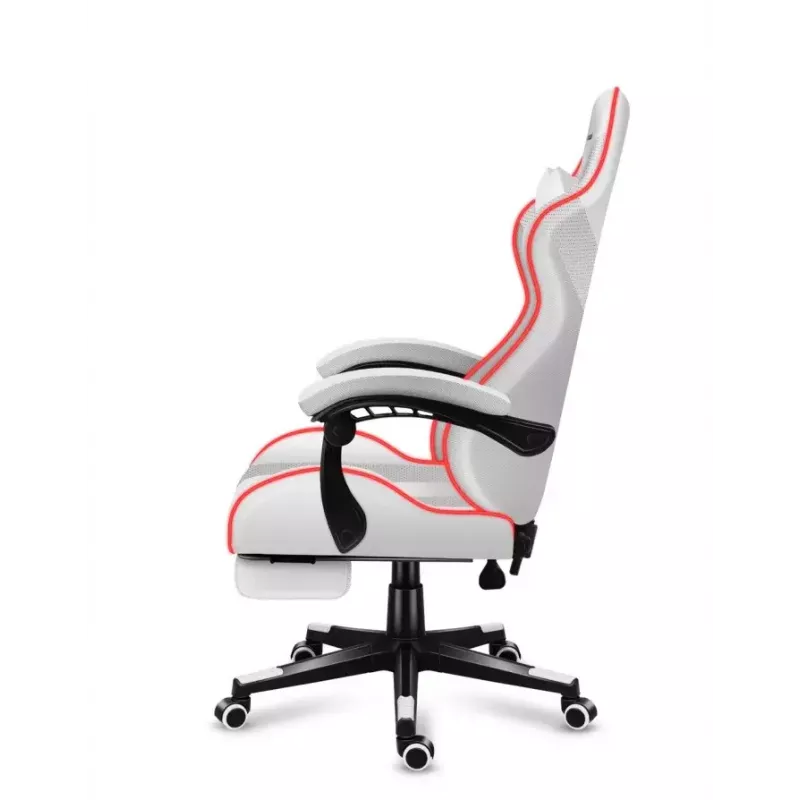 Mängutool Huzaro FORCE 4.7 RGB Valge — polsterdatud riidest koppiste, max koormus 140 kg, reguleeritav kõrgus 43–53 cm, kalle 90–140°