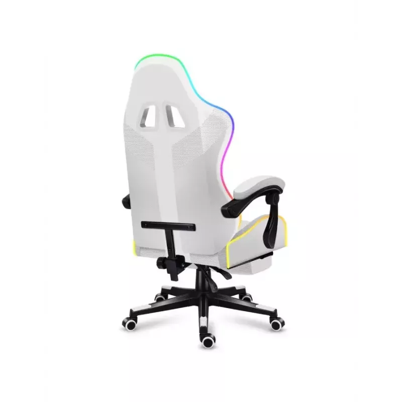 Mängutool Huzaro FORCE 4.7 RGB Valge — polsterdatud riidest koppiste, max koormus 140 kg, reguleeritav kõrgus 43–53 cm, kalle 90–140°
