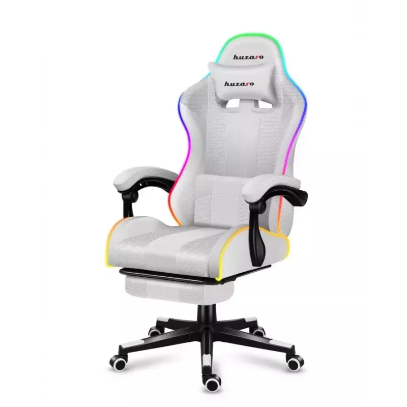 Mängutool Huzaro FORCE 4.7 RGB Valge — polsterdatud riidest koppiste, max koormus 140 kg, reguleeritav kõrgus 43–53 cm, kalle 90–140°