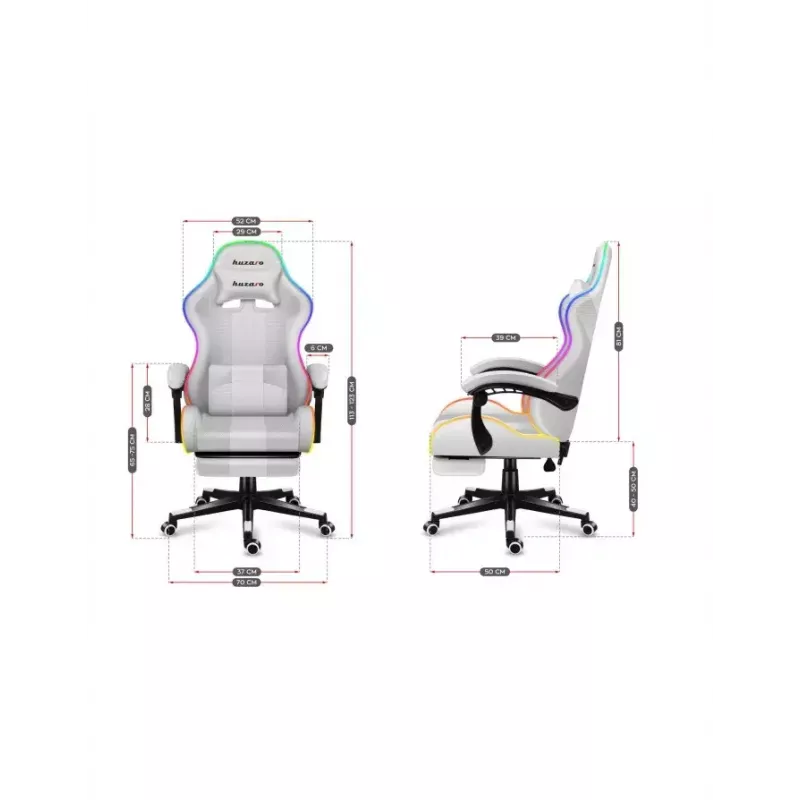Mängutool Huzaro FORCE 4.7 RGB Valge — polsterdatud riidest koppiste, max koormus 140 kg, reguleeritav kõrgus 43–53 cm, kalle 90–140°