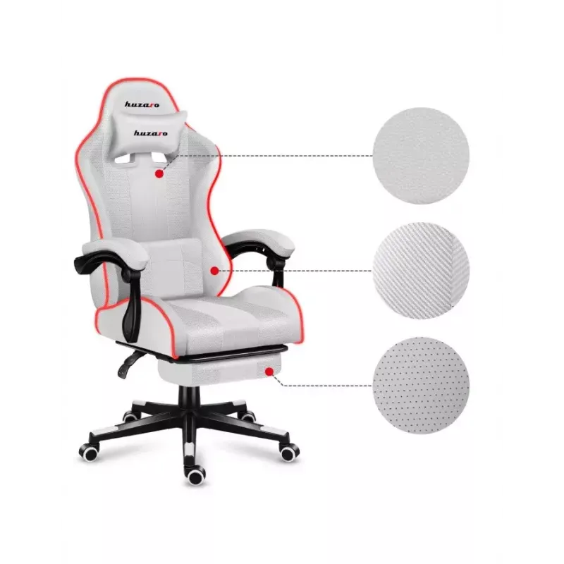 Mängutool Huzaro FORCE 4.7 RGB Valge — polsterdatud riidest koppiste, max koormus 140 kg, reguleeritav kõrgus 43–53 cm, kalle 90–140°