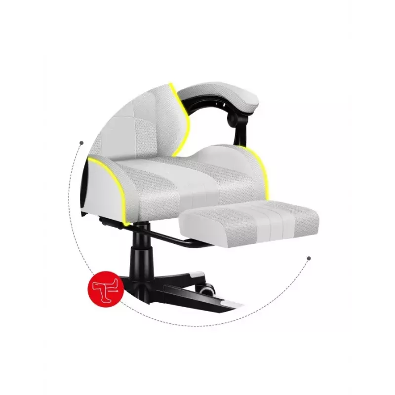 Mängutool Huzaro FORCE 4.7 RGB Valge — polsterdatud riidest koppiste, max koormus 140 kg, reguleeritav kõrgus 43–53 cm, kalle 90–140°