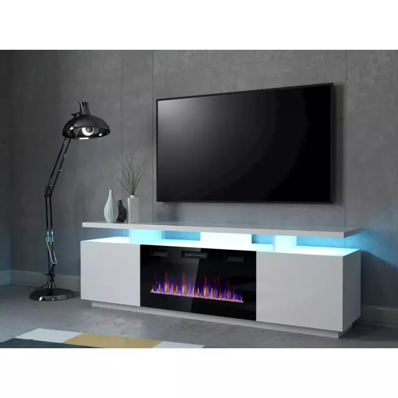 TV-kapp Cama Meble EVA elektrikaminaga 180×40×52 cm, valge karkass, läikvalged uksed, MDF pealispind