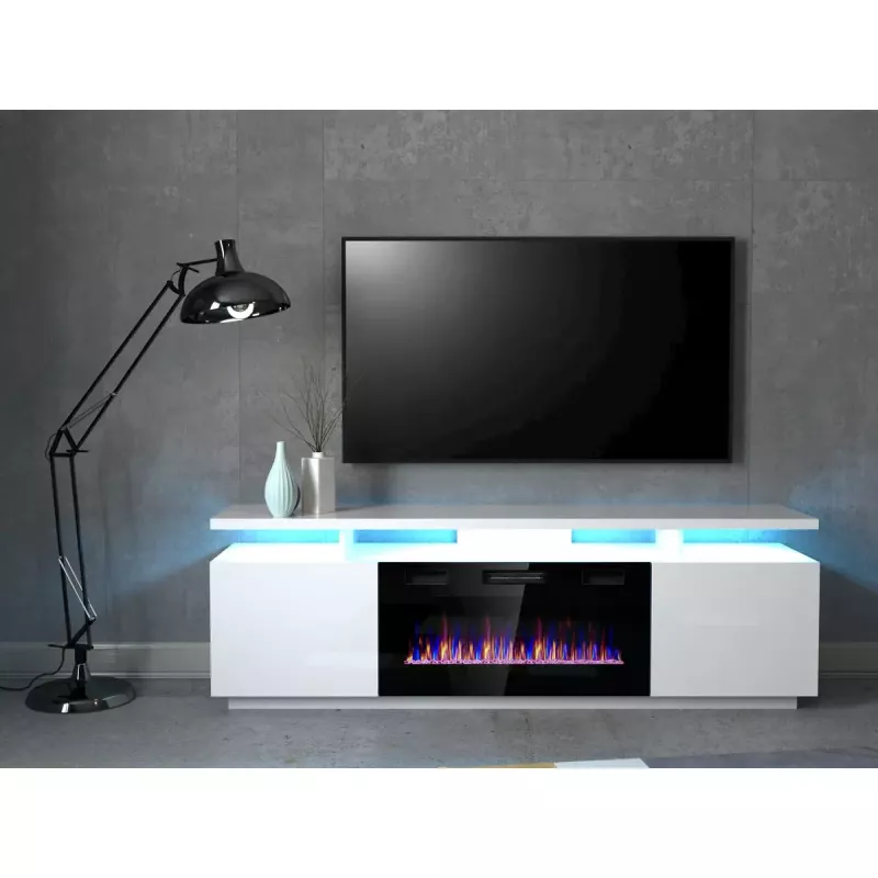 TV-kapp Cama Meble EVA elektrikaminaga 180×40×52 cm, valge karkass, läikvalged uksed, MDF pealispind