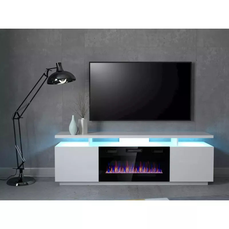 TV-kapp Cama Meble EVA elektrikaminaga 180×40×52 cm, valge karkass, läikvalged uksed, MDF pealispind
