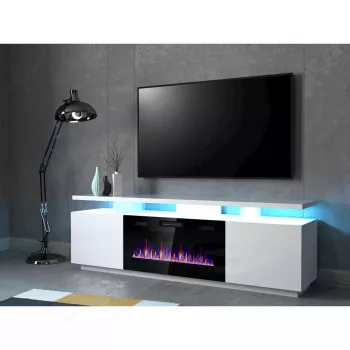 TV-kapp Cama Meble EVA elektrikaminaga 180×40×52 cm, valge karkass, läikvalged uksed, MDF pealispind