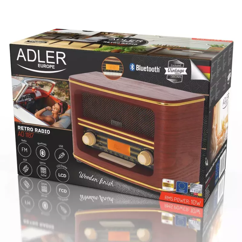 Kaasaskantav raadio Adler AD 1187 — FM, 10 W RMS, LCD-ekraan, pruun, 300×140×210 mm