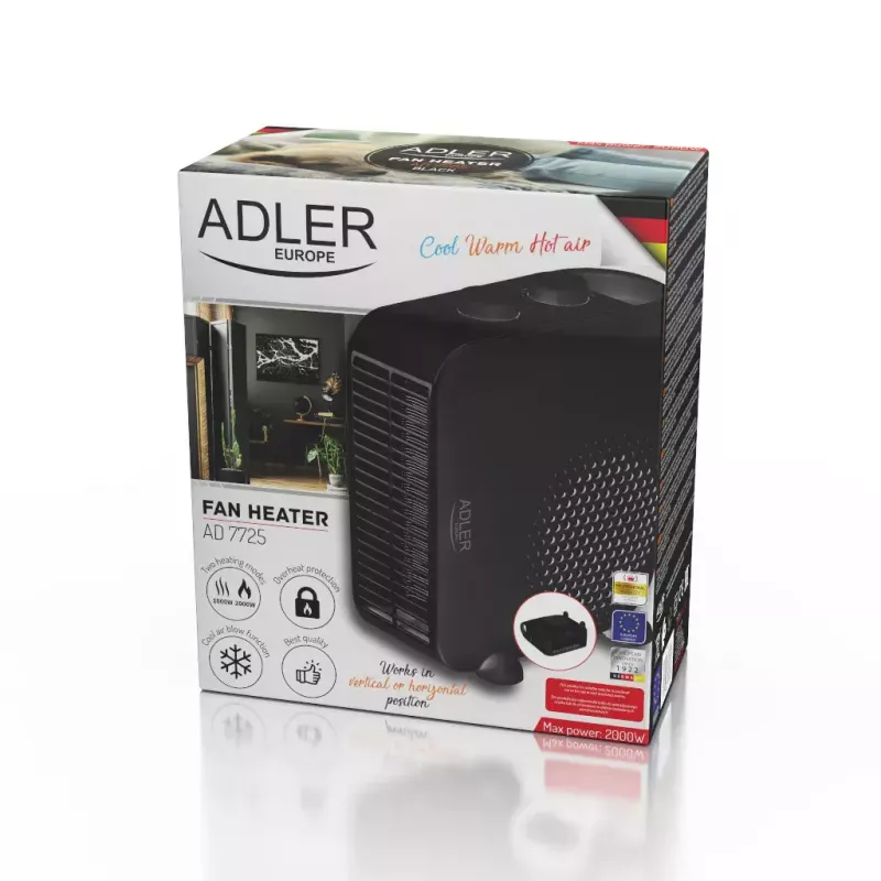 Adler AD 7725B ventilaator-soojapuhur, 2000 W, 2 võimsustaset, reguleeritav termostaat, must