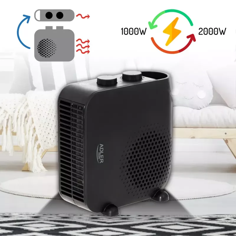 Adler AD 7725B ventilaator-soojapuhur, 2000 W, 2 võimsustaset, reguleeritav termostaat, must