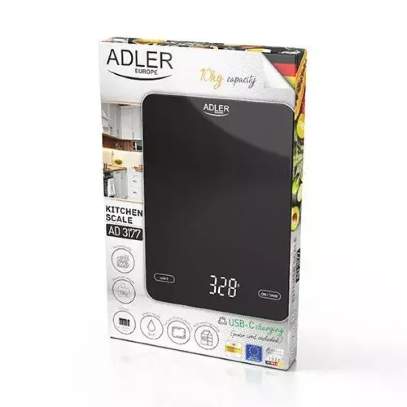 Elektrooniline köögikaal Adler AD 3177b — kandevõime 10 kg, täpsus 1 g, must, klaasist pind
