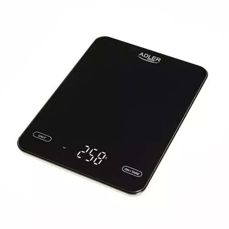 Elektrooniline köögikaal Adler AD 3177b — kandevõime 10 kg, täpsus 1 g, must, klaasist pind