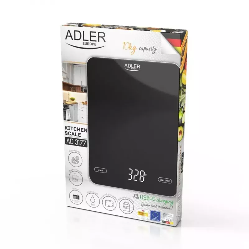 Elektrooniline köögikaal Adler AD 3177b — kandevõime 10 kg, täpsus 1 g, must, klaasist pind