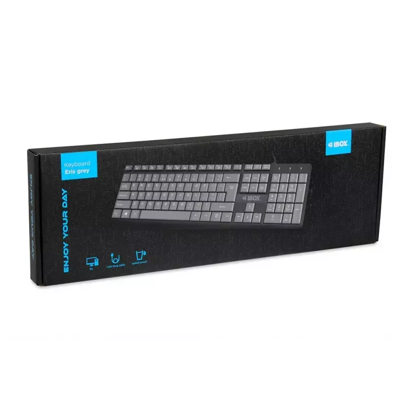 Juhtmega USB-klaviatuur IBOX Eris IKC2010G — täissuuruses 105 klahvi, USB, hall/must, veekindel, 1,8 m kaabel