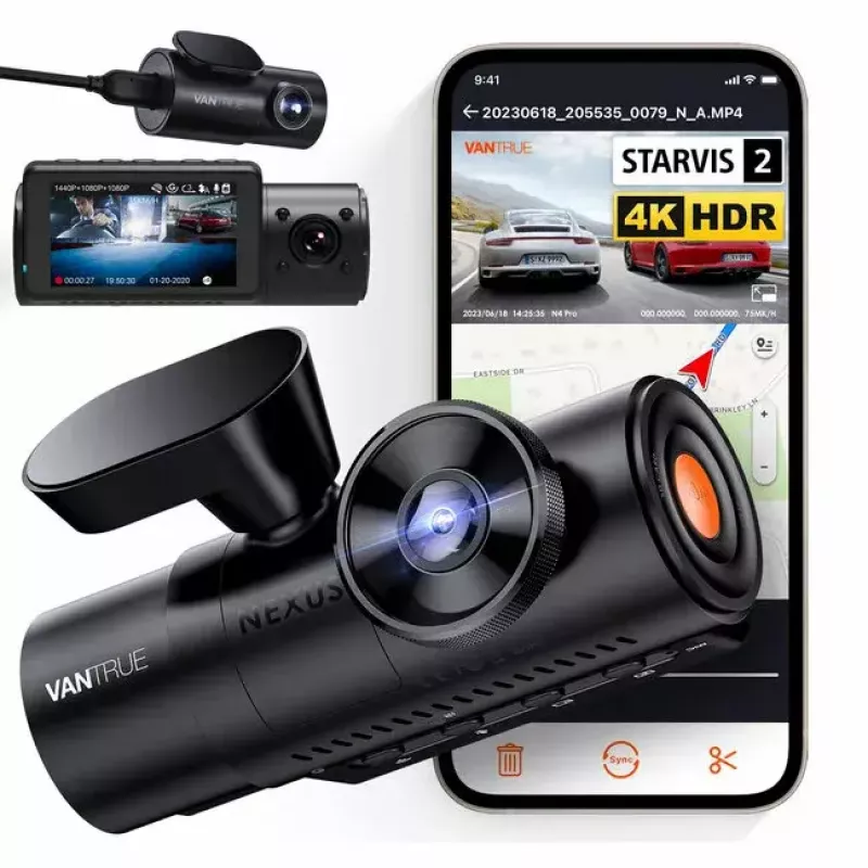 Dashcam VANTRUE N4 PRO 3-kanaliga autokaamera, pea 3840×2160, 165° eesmine, 160° siseruum, GPS, Wi‑Fi, IPS-ekraan, MicroSD kuni 512 GB