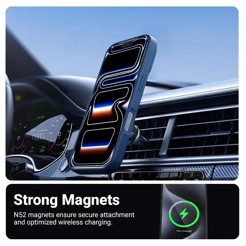 Kaitsev MagSafe telefoniümbris Crong Hybrid Matte Magnetic iPhone 17 Pro jaoks — PC + TPU, poolläbipaistev tumesinine