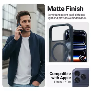 Kaitsev MagSafe telefoniümbris Crong Hybrid Matte Magnetic iPhone 17 Pro jaoks — PC + TPU, poolläbipaistev tumesinine