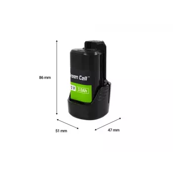 Juhtmeta tööriista aku roheline Cell PTBO12V3 — Li‑Ion 3 Ah, mõõtmed 5,1×4,7×8,6 cm