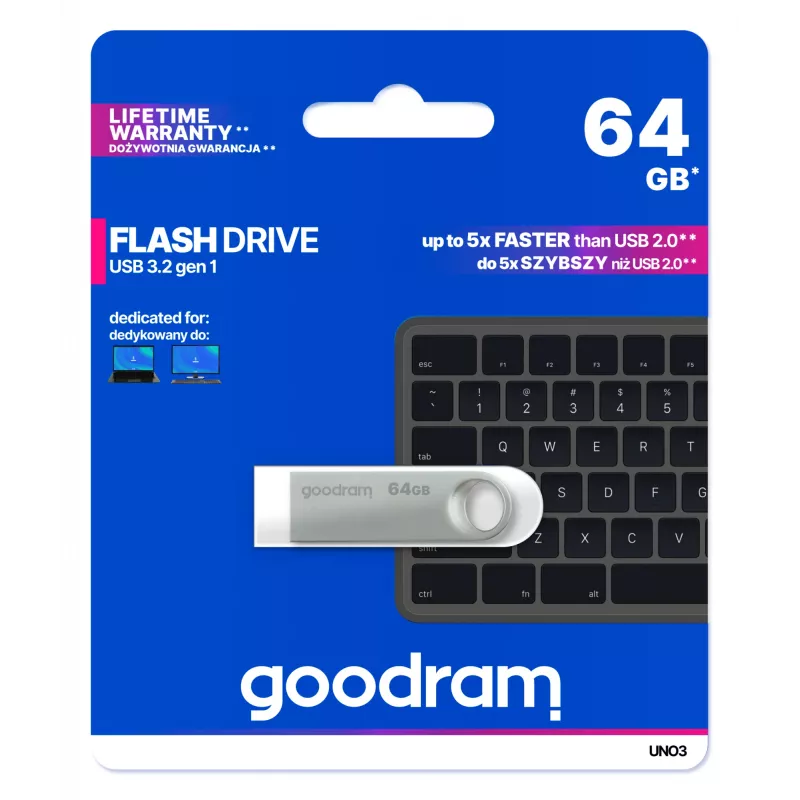 Goodram USB UNO3-0640S0R11 USB-mälupulk 64 GB USB Type-A 3.2 Gen 1 (3.1 Gen 1) Hõbedane
