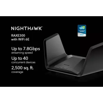 NETGEAR Nighthawk AXE7800 WiFi-ruuter (RAXE300), Wi-Fi 6 (802.11ax), kolmeribaline (2,4 GHz / 5 GHz / 5 GHz), Ethernet LAN, must, kaasaskantav ruuter