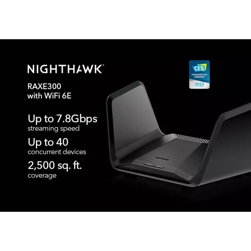 NETGEAR Nighthawk AXE7800 WiFi-ruuter (RAXE300), Wi-Fi 6 (802.11ax), kolmeribaline (2,4 GHz / 5 GHz / 5 GHz), Ethernet LAN, must, kaasaskantav ruuter