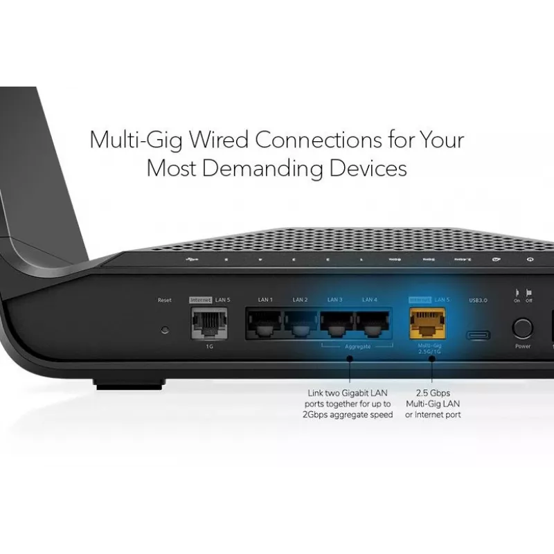 NETGEAR Nighthawk AXE7800 WiFi-ruuter (RAXE300), Wi-Fi 6 (802.11ax), kolmeribaline (2,4 GHz / 5 GHz / 5 GHz), Ethernet LAN, must, kaasaskantav ruuter