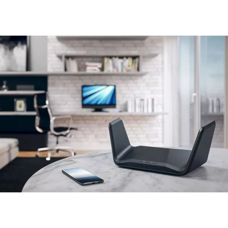 NETGEAR Nighthawk AXE7800 WiFi-ruuter (RAXE300), Wi-Fi 6 (802.11ax), kolmeribaline (2,4 GHz / 5 GHz / 5 GHz), Ethernet LAN, must, kaasaskantav ruuter