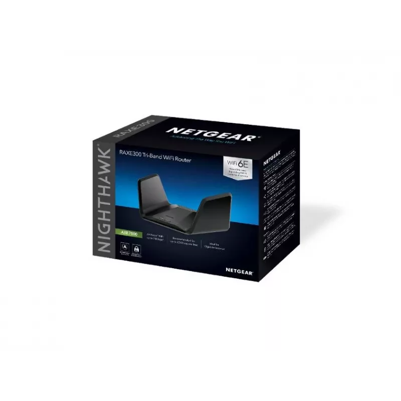 NETGEAR Nighthawk AXE7800 WiFi-ruuter (RAXE300), Wi-Fi 6 (802.11ax), kolmeribaline (2,4 GHz / 5 GHz / 5 GHz), Ethernet LAN, must, kaasaskantav ruuter
