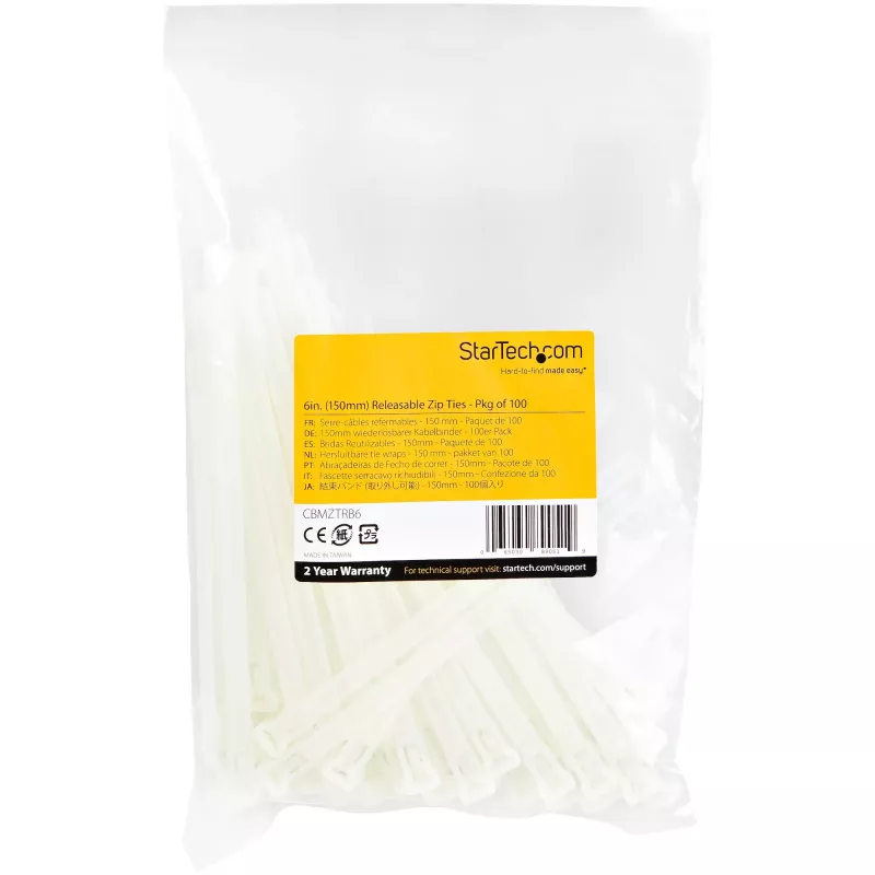 StarTech.com 6 tolli (15 cm) korduvkasutatavad kaablisidemed – 1/4 tolli (7 mm) laiad, kimbu läbimõõt 1-3/8 tolli (35 mm), tõmbetugevus 50 naela (22 kg), vabastatavad nailonsidemed, sise-/välistingimustes, 94V-2/UL-loetletud, 100 pakk – valge
