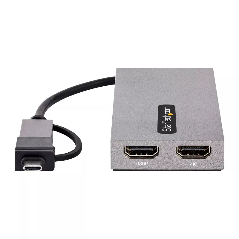 StarTech.com USB–kahe HDMI-adapter, USB A/C kahele HDMI-ekraanile (1x 4K30Hz, 1x 1080p), integreeritud USB-A–C-dongel, 4 tolli/11 cm kaabel, USB 3.0–HDMI-ekraaniadapter, Windows ja macOS
