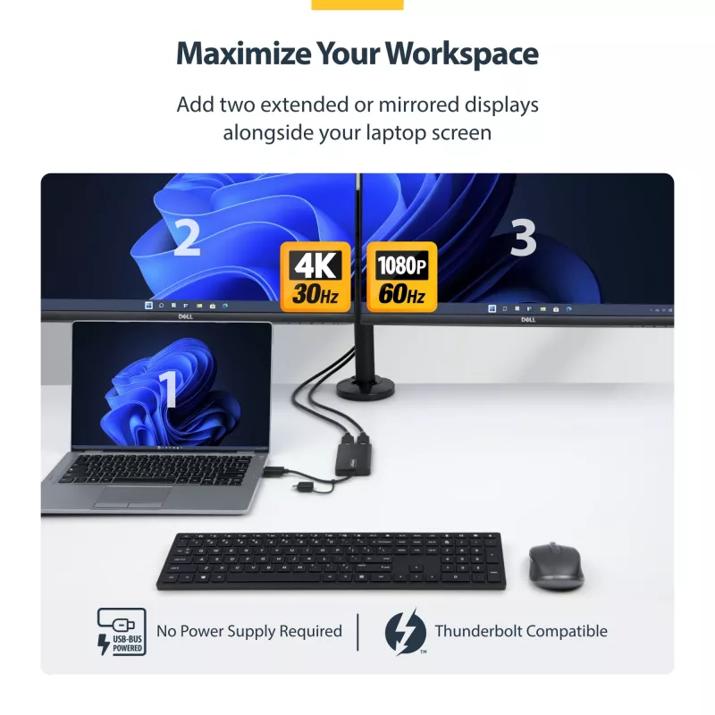 StarTech.com USB–kahe HDMI-adapter, USB A/C kahele HDMI-ekraanile (1x 4K30Hz, 1x 1080p), integreeritud USB-A–C-dongel, 4 tolli/11 cm kaabel, USB 3.0–HDMI-ekraaniadapter, Windows ja macOS
