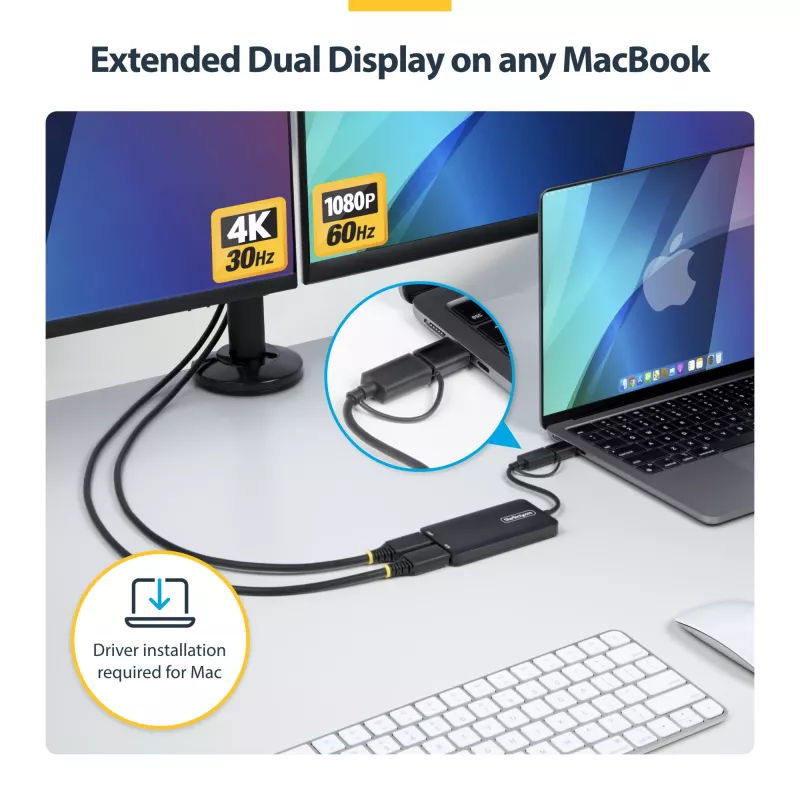 StarTech.com USB–kahe HDMI-adapter, USB A/C kahele HDMI-ekraanile (1x 4K30Hz, 1x 1080p), integreeritud USB-A–C-dongel, 4 tolli/11 cm kaabel, USB 3.0–HDMI-ekraaniadapter, Windows ja macOS