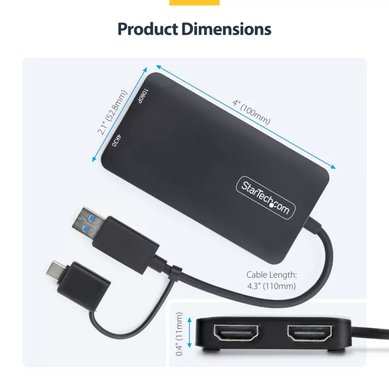 StarTech.com USB–kahe HDMI-adapter, USB A/C kahele HDMI-ekraanile (1x 4K30Hz, 1x 1080p), integreeritud USB-A–C-dongel, 4 tolli/11 cm kaabel, USB 3.0–HDMI-ekraaniadapter, Windows ja macOS